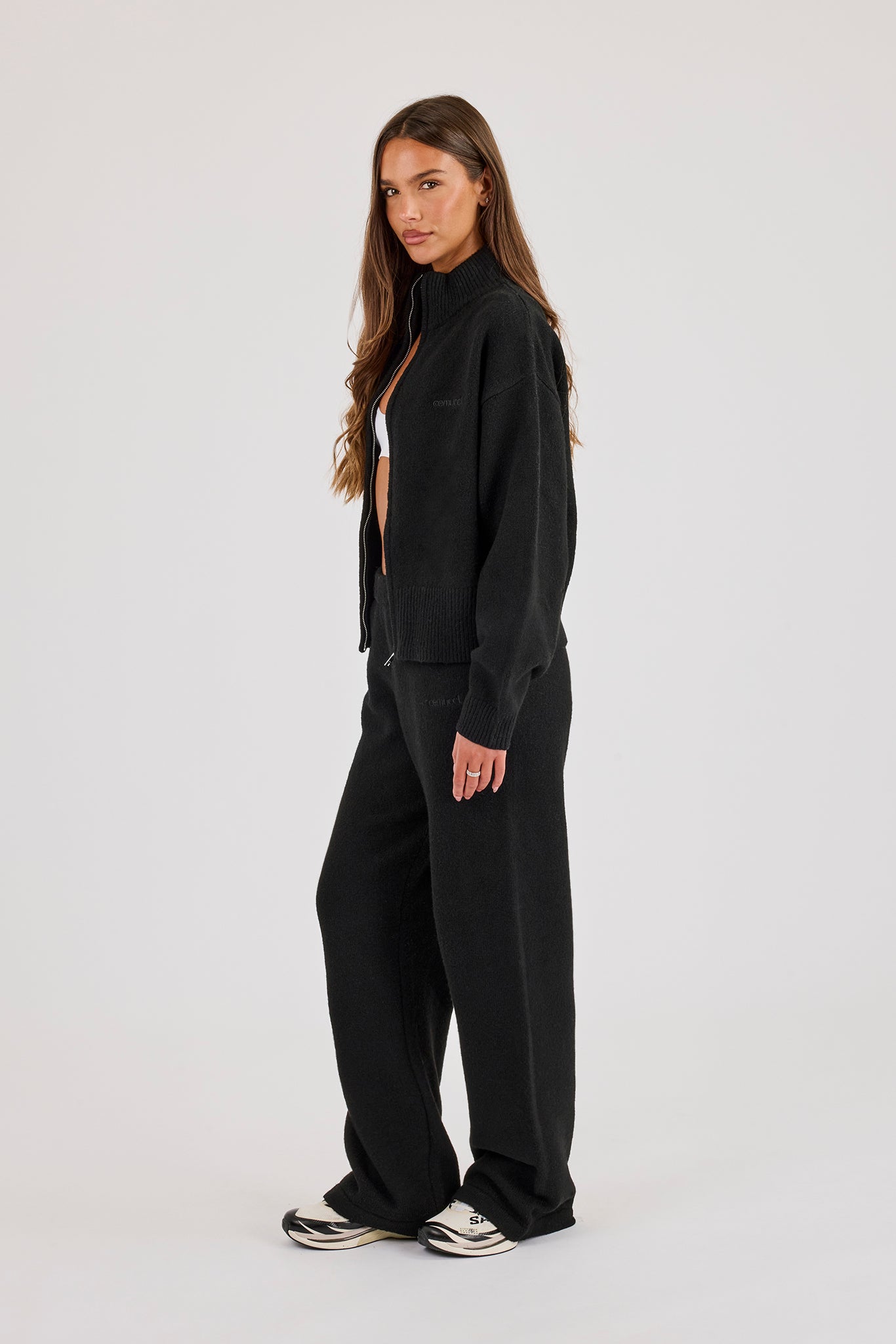 Knitted Embroidered Logo Funnel Neck Zip Through & Wide Leg Jogger - Black
